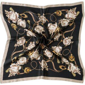 Women Black Flower Headscarf Satin Bandana Pattern Polyester Breathable Scarves